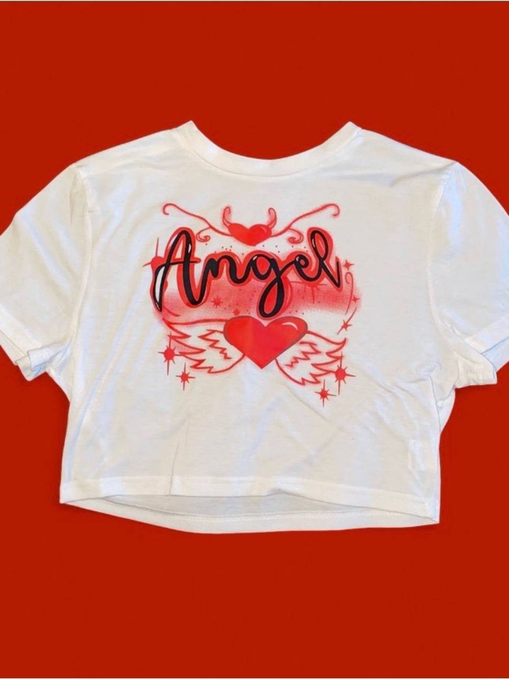 White and Red Cropped y2k Angel Airbrushed Style T Shirt Top - Like New